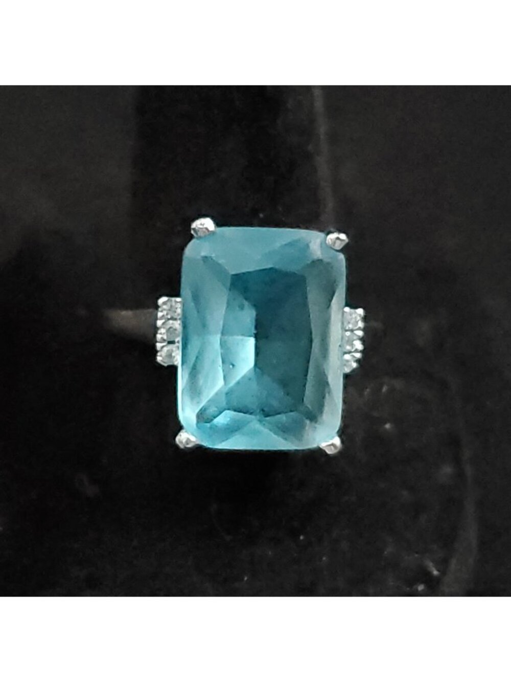 Sterling Silver Cocktail Ring Sz 9 Solitaire Rhinestone Blue Silver Tone